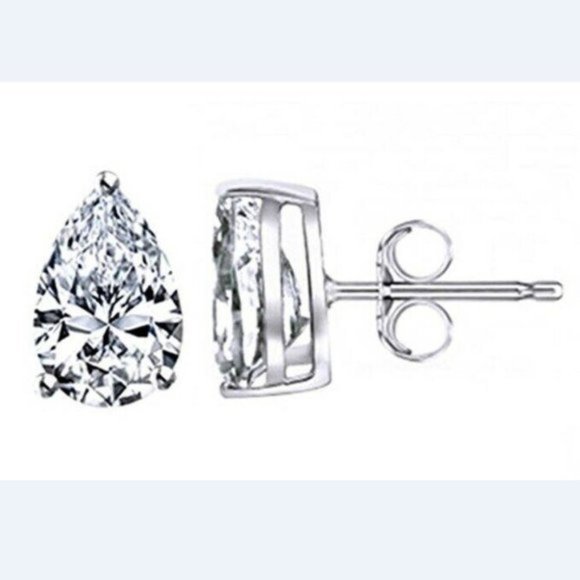 Real 14K Solid White Gold Pear Shaped Pushback Studs with White Stone 7x5mm - Picture 1 of 6